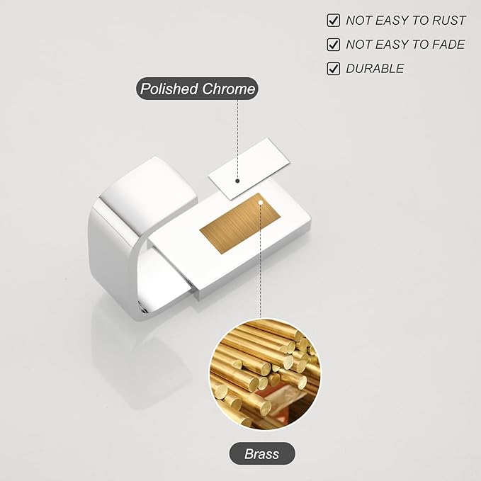 BESy Brass Clothes Hook Single Towel Hook for Bathroom Kitchen Garage Square Style Robe Hooks Coat and Hat Hook, Self Adhesive with Glue or Wall Mounted with Screws, Four Packs, Polished Chrome-NeatNest