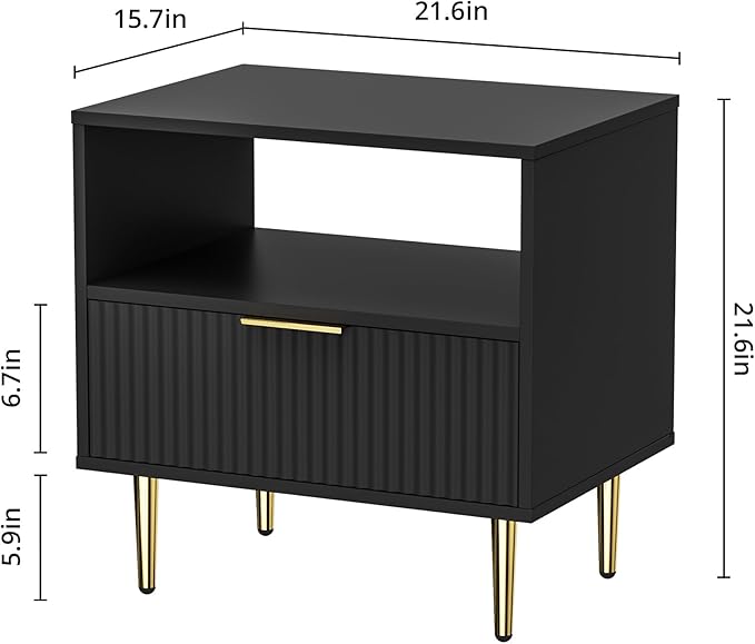 Black Nightstand Set of 2, Modern Nightstand with Drawer, End Table with Storage, Bed Side Table with Open Space for Bedroom, Side Table for Bedroom, Living Room, Black-NeatNest