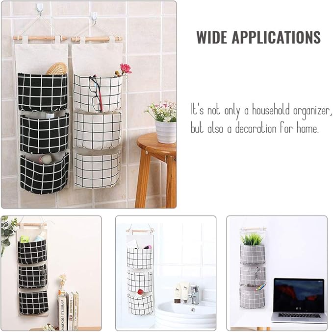AUHOKY 3Pcs Wall Closet Hanging Storage Bag, Premium Linen Fabric Over The Door Organizer, Hanging Storage Pouches with 3 Pockets for Bedroom Bathroom - Waterproof & Stylish (Black/Gray/White)-NeatNest