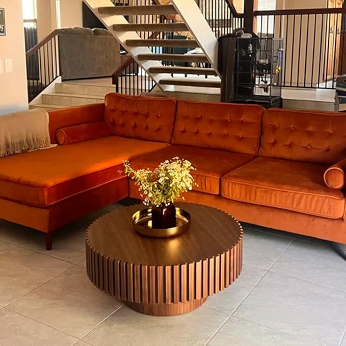 kevinplus 39.37'' Walnut Round Coffee Table for Living Room, Modern Wood Contemporary Circle Fluted Drum Style, Easy Assembly, Walnut (ø39.37'' x 13.42'')