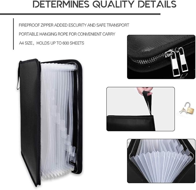 Fireproof Document Bag Fire & Water Resistant File Folder A4 Size 12 Pockets Fireproof Waterproof Safe Document Holder, Non-Itchy Silicone Coated Portable Filing Pouch for Legal Document(Clear)