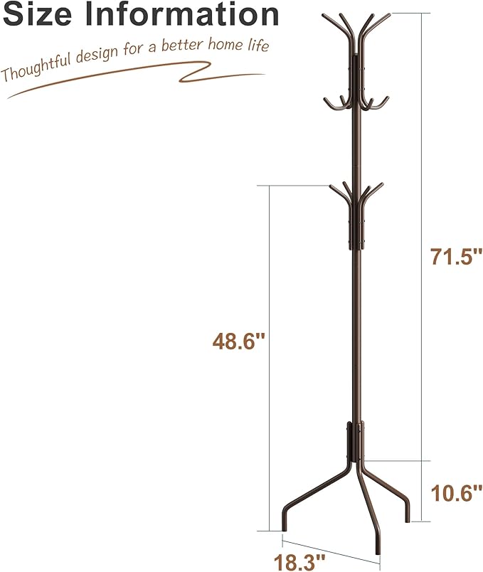 FILWH Coat Rack Freestanding Coat Tree Standing Coat and Hat Hanger Jacket Organizer Rack Metal,18.3" L x 18.3" W x 71.5" H, Brown-NeatNest