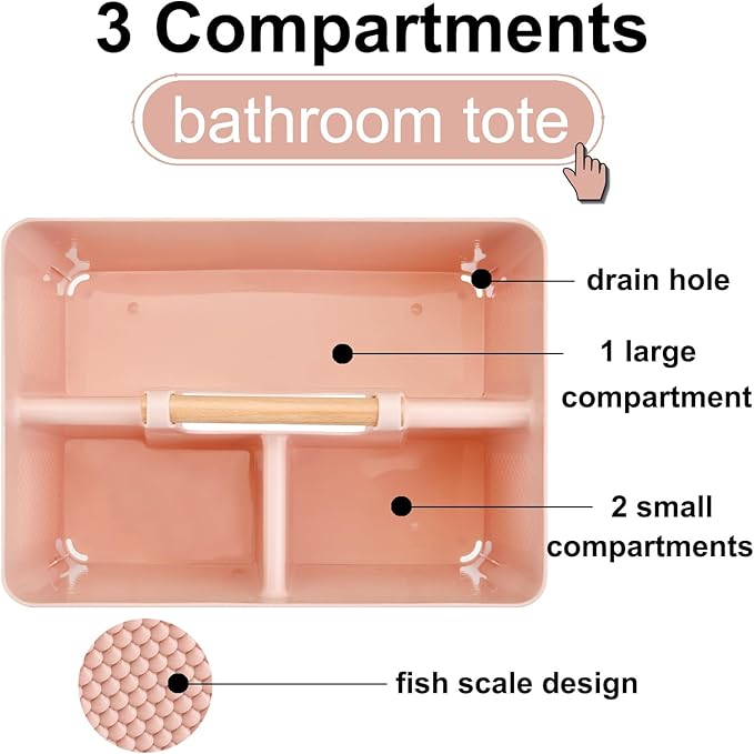 Haundry Plastic Pink Shower Caddy Basket with 3 Compartments, Portable Divided Bathroom Cleaning Caddy Organizer Storage Tote with Handle for Dorm, College, Room Essentials