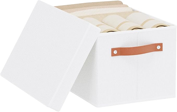 Fabric Storage Bins, Clothes Boxes for Shelves with Lids, Baskets for Organizing with Handles, Decorative Linen Closet Organizers, White, 1 Pack, 15 x 9.8 x 8.3 Inch-NeatNest