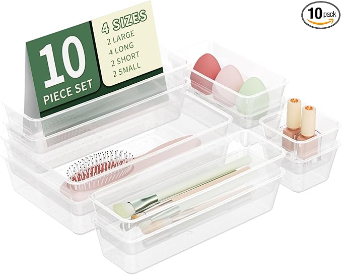 10 PCS Clear Drawer Organizer Set, 4 Sizes Plastic Makeup Organizer Trays with Non-Slip Silicone Pads, Desk Organization and Storage Bins for Vanity, Bathroom, Office, Kitchen, Fridge, School-NeatNest