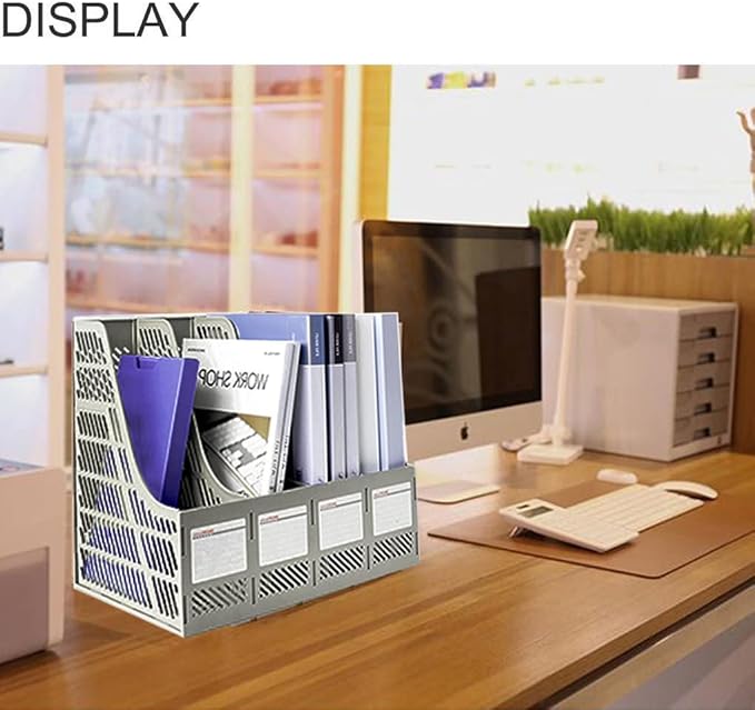 Lemical File Holder Desktop Filing File Box 4 Compartments Vertical File Organizer Magazine Rack Book Holder Frames Binder Holder for Home Office School (Gray)