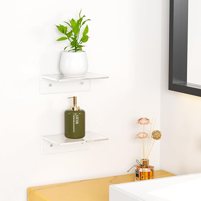 FEMELI 2 PCS 6" Acrylic Floating Shelves, Clear Shelf for Display, Plant, Perfume, Book in Bedroom Living Room Office, 5mm Thick Wall-Mounted Acrylic Shelves for Wall