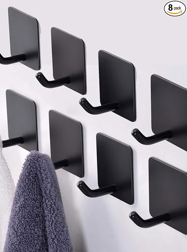 Adhesive Towel Hooks for Bathrooms, 8 Piece Towel Hooks for Hanging Hat Robe Coat, Stick on Hooks for Kitchens, Strong Self-Adhesive No Damage Sticky Hook, Black