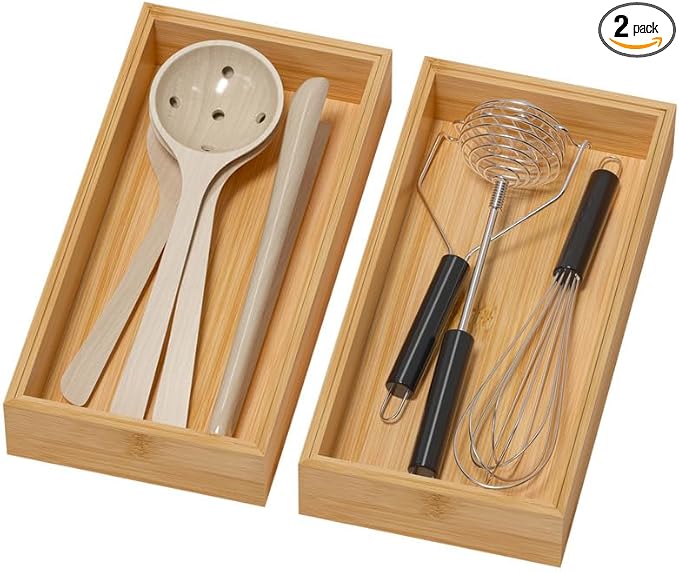 Bamboo Drawer Organizer - Silverware & Utensil Organizer, Stackable, 2 Pcs, Wooden Storage Box Tray (Bamboo, 12 X 6 X 2 Inch)-NeatNest