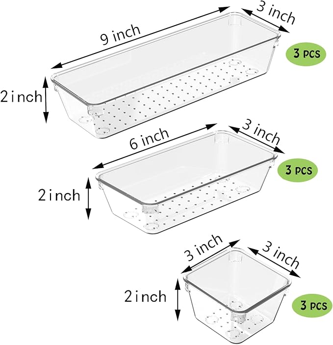 9 Pcs Clear Drawer Organizer Set, 3 Size Acrylic Drawer Storage Trays, Storage Tray for Makeup, Kitchen, Gadgets, Office-NeatNest