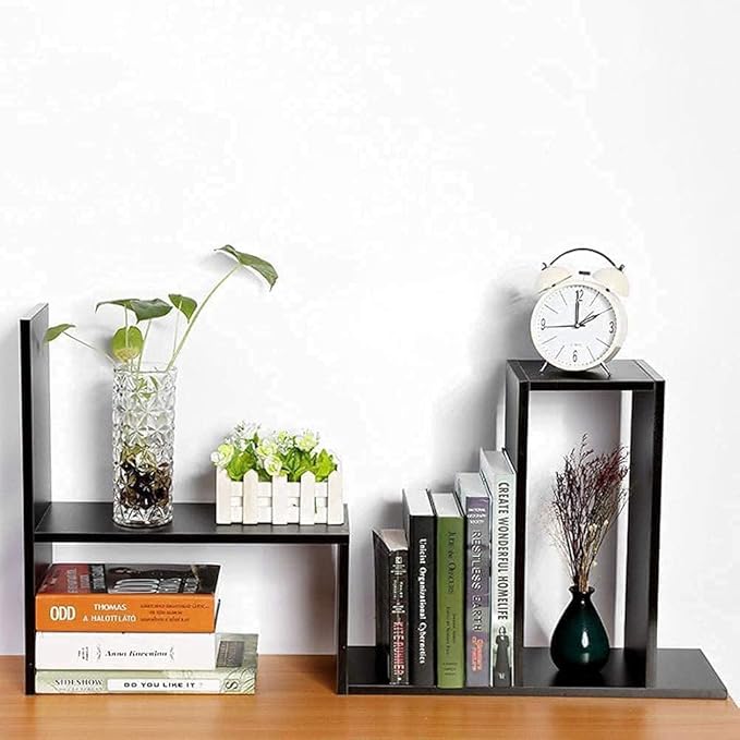 Natural Wood Bookcase,Bookshelf on Desk, Expandable Bookselves on Room,Organizer Expandable Desktop,Adjustable Desktop Shelves and Office Shelves,Counter Organizer Kitchen,Black-NeatNest