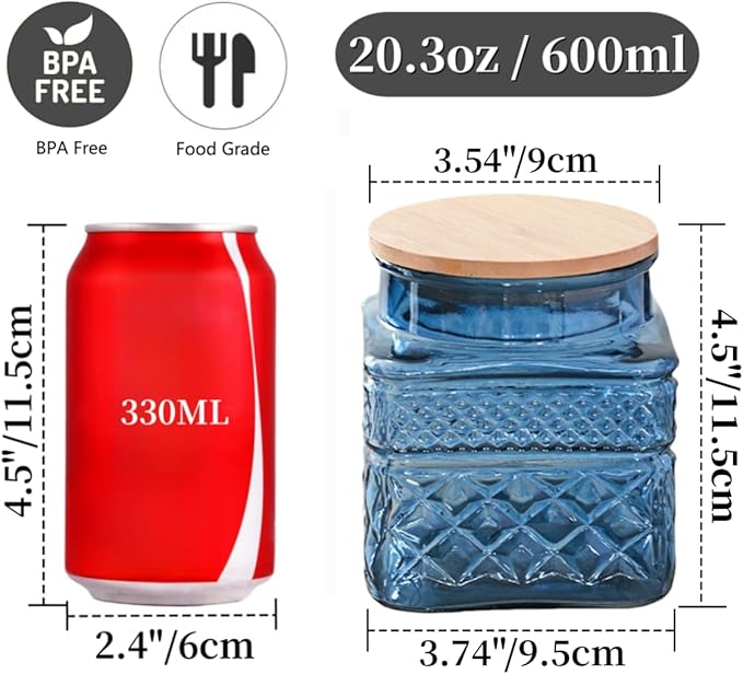 20.3oz Square Glass Canister, Candy Jar with Lid, Glass Food Storage Container for Ground Coffee, Tea, Sugar, Decorative Mason Jar Cute Jars (Blue)