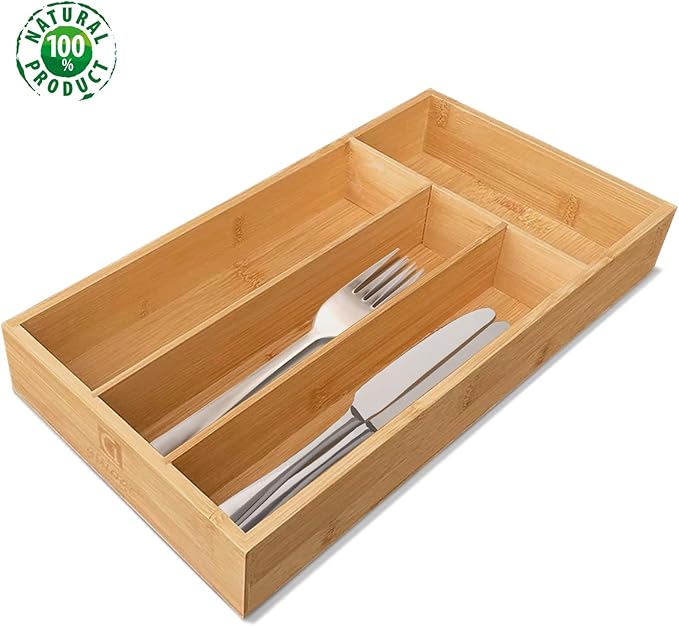 Bamboo Silverware Organizer, Kitchen Drawer Organizer, Silverware Utensil Tray Holder for Flatware Cutlery Knives, Forks, Spoons (4-Slots) (Natural)-NeatNest
