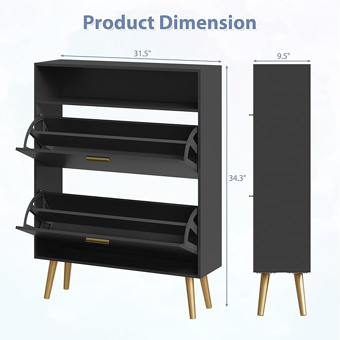 Entryway Shoe Cabinet, Black Shoe Storage Cabinet with 2 Flip Doors and Shelf, Narrow Hidden Shoe Organizer Cabinet Slim, Freestanding Shoe Rack for Entryway, Black-NeatNest