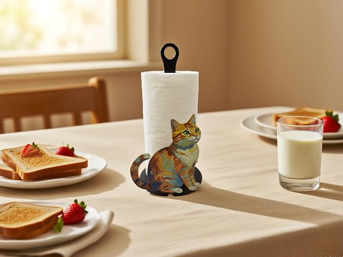 Decorative Paper Towel Roll Holder,Easy One-Handed Tear Kitchen Paper Towel Dispenser, Standing Paper Tower Holder Countertop Black for Kitchen and Bathroom (1Pack, Colorful Cat)-NeatNest