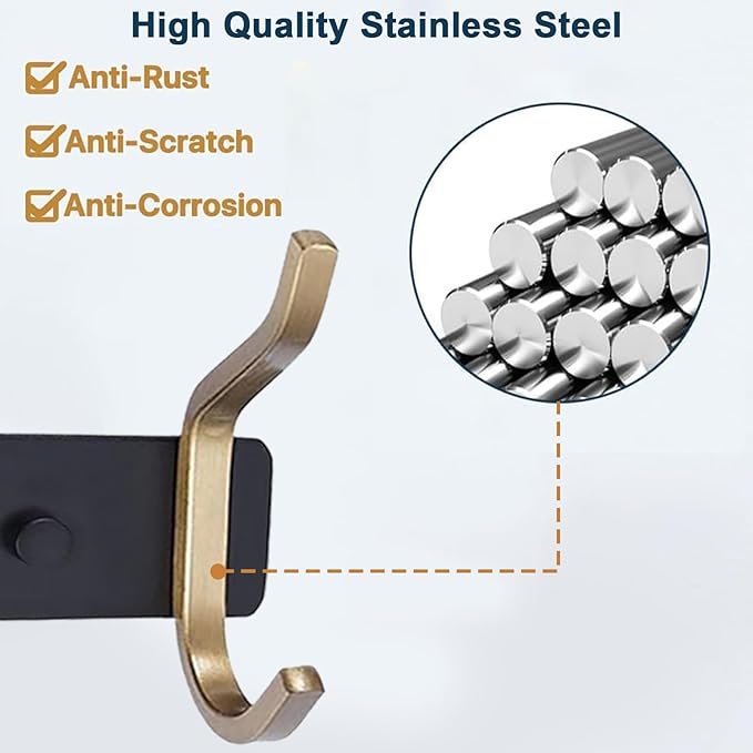 AZW Coat Rack Wall Mount,Heavy Duty Stainless Steel Metal Coat Hooks Hanging for Robes Bags Keys Hat Clothes and Bathroom Door Towels Hanger(Black and Gold 6 Hooks)-NeatNest