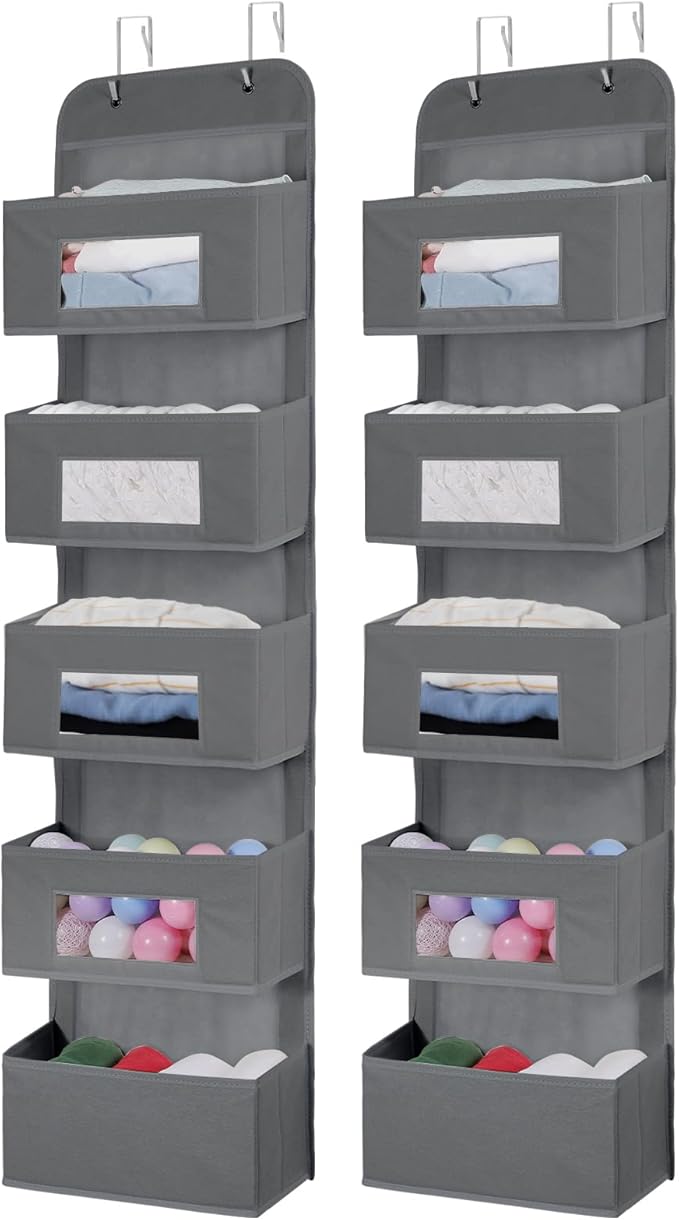 5-Shelf Over The Door Hanging Organizer with 2 Metal Hooks,5 Pocket Over The Door Wall Mount Storage with Clear Windows for Baby Nursery Bathroom Closet,Bedroom,Dorm (Gray-2 Pack)-NeatNest