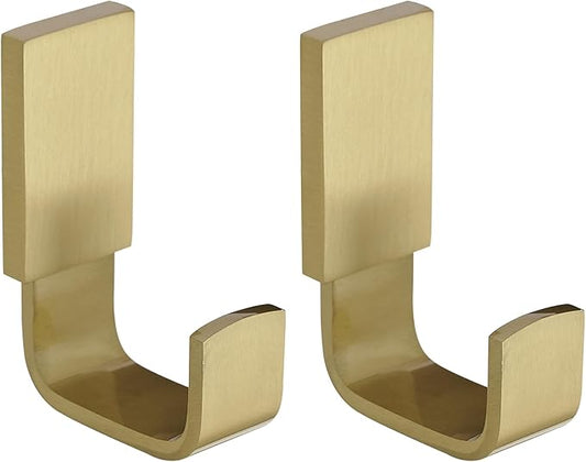 BESy Brass Clothes Hook Single Towel Hook for Bathroom Kitchen Garage Square Style Robe Hooks Coat and Hat Hook, Self Adhesive with Glue or Wall Mounted with Screws, Two Packs, Brushed Gold-NeatNest