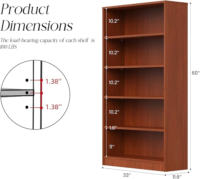 Farini 60 Inch Tall 5-Shelf Bookcase, Wood Bookshelf Storage Organizer Adjustable Shelf for Home Office, Study Room, Easy Assembly,Cherry