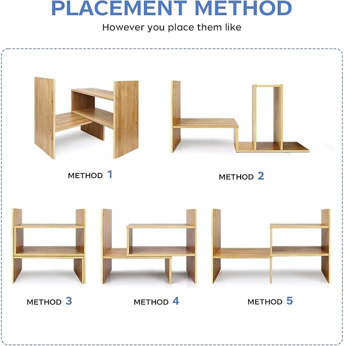 Desk Organizer Shelf Wooden Desktop Bookshelf Adjustable Desktop Organizer Shelves Small Book Shelf for Office Desk Supplies Home Storage Natural Stand Decor (Beige, Style2)-NeatNest