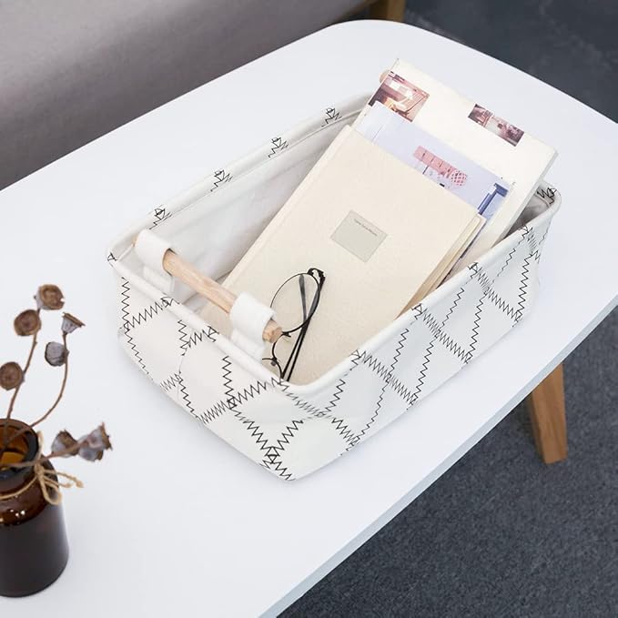 Decorative Collapsible Rectangular Fabric Storage Bin Organizer Basket with Wooden Handles for Clothes Storage, 11"×7.1"×3.9", White-NeatNest