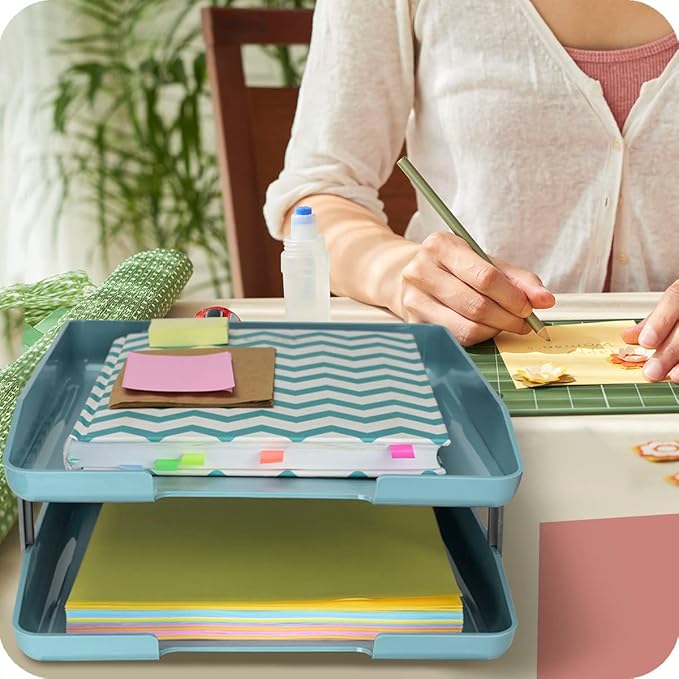 Acrimet Traditional 2 Tier Letter Tray, Front Load Design, A4 Letter Size, Desktop Organizer (Plastic) (Solid Green Color)-NeatNest
