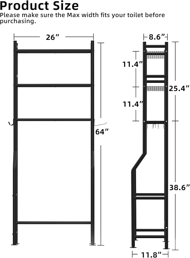 3-Tier Over The Toilet Storage, Freestanding Metal Bathroom Shelves with 4 Hooks, Over Toilet Storage Shelf with Paper Holder, Above The Toilet Shelf for Bathroom Storage, Black-NeatNest