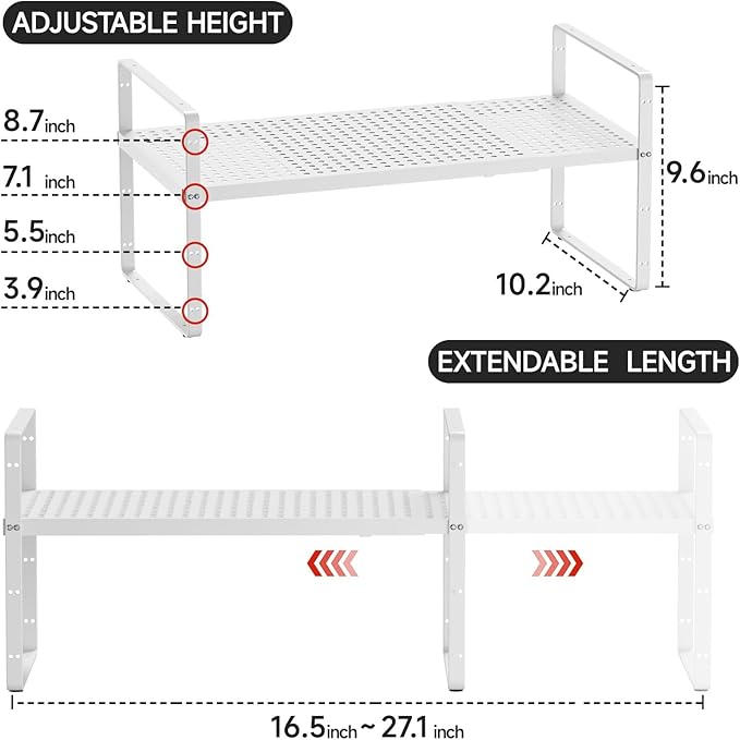 Expandable Cabinet Countertop Shelves, Adjustable Metal Spice Rack Organizer Stackable Stand Extender Counter Storage Shelves for Kitchen Cabinet, Countertop, Pantry and Cupboard, White-NeatNest