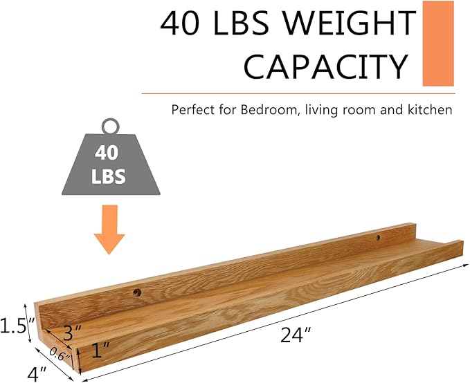 24 Inch Floating Shelves Wall Mounted, Rustic Wall Shelves for Decor and Storage, Natural Solid Oak Wood Shelf, Picture Ledge for Bedroom/Bathroom/Living Room/Kitchen, Natural Color, 24*4*1.5 (1 Pack)-NeatNest