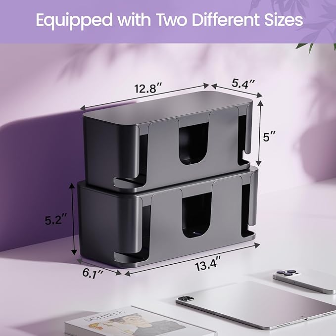 Delamu 2 Pack Cable Management Box, Stylish Cord Organizer for Desk, Pet & Child-Proof ABS Cords Hider Box, Under Desk Cable Box for Computer Router USB Hub & Power Strip, Black
