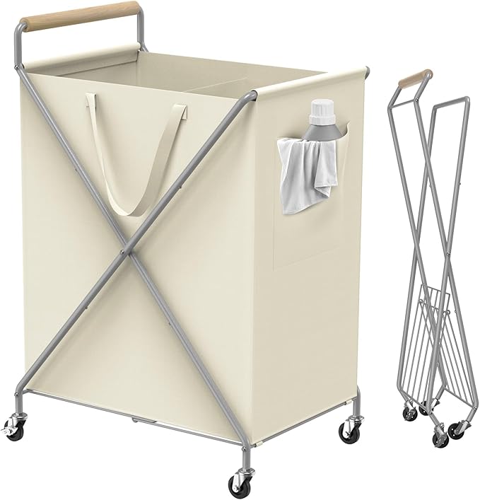 Foldable Metal Laundry Basket with Wheels, 2-Section Rolling Laundry Hamper, 37 Gallons (140L), Removable Liner, Steel Frame with Wooden Handle, Cream White