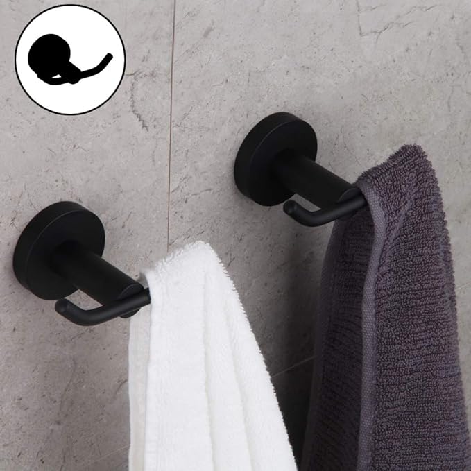 GERZ Bathroom Matte Black Coat Hook SUS 304 Stainless Steel Double Towel/Robe Clothes Hook for Bath Kitchen Modern Hotel Style Wall Mounted 2 Pack AG61908-2BK