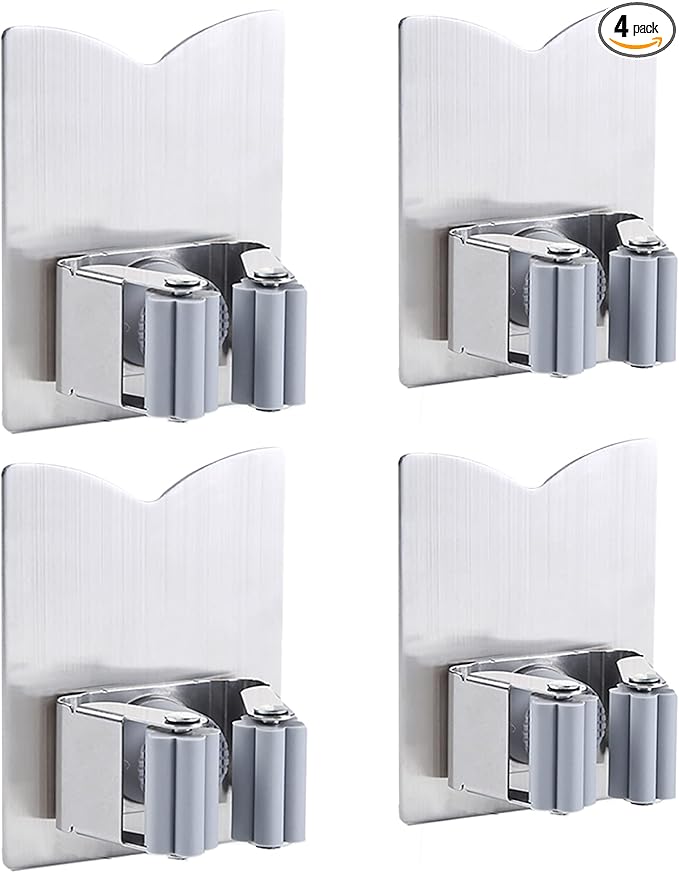 4 Pack Mop Broom Holder Racks 304 Stainless Steel Self Adhesive Heavy Duty Wall Mounted Mop Organizer Storage Clip Multi-Used for Garage Kitchen and Bathroom-NeatNest