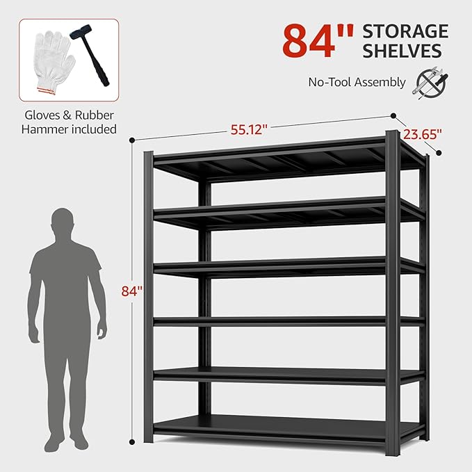 6 Tier Metal Shelving Unit 84" H x 55.12" W x 24" D, 3600LBS Adjustable Storage Shelves, Heavy Duty Garage Shelves for Warehouse, Basement, Kitchen, Pantry, Living Room, Black-NeatNest