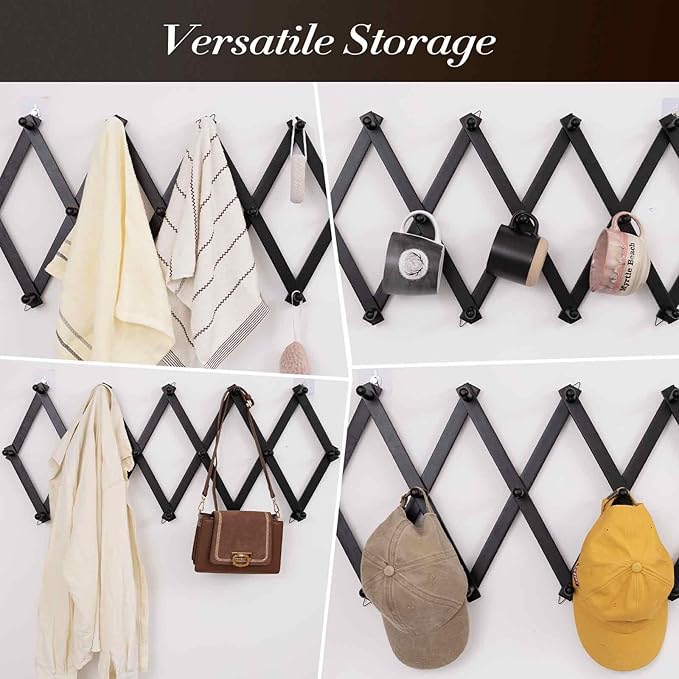 Accordion Wall Hanger with 16 Hooks, Wooden Wall Expandable Coat Rack for Coat, Hats, Baseball Caps, Coffee Mug, Jewelry(Black)-NeatNest
