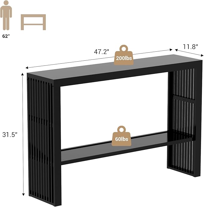 Bamboo Wood Console Table 47.2" Entryway Table, 2-Tier Farmhouse Narrow Sofa Table w/Storage Shelf, Couch Table Behind Sofa Easy Assembly for Entrance, Hallway, Living Room, Foyer(Black)-NeatNest