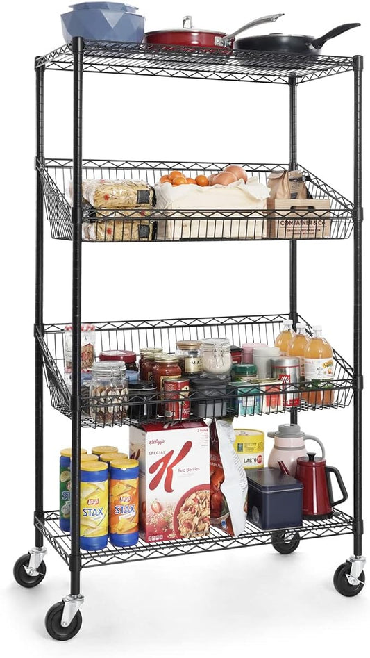 CAPHAUS NSF Commercial Heavy Duty 4 Tier Wire Shelving with Two Trapezoid Baskets, Wheels, Leveling Feet, Black Storage Shelf for Basement Garage and Utility Storage-NeatNest