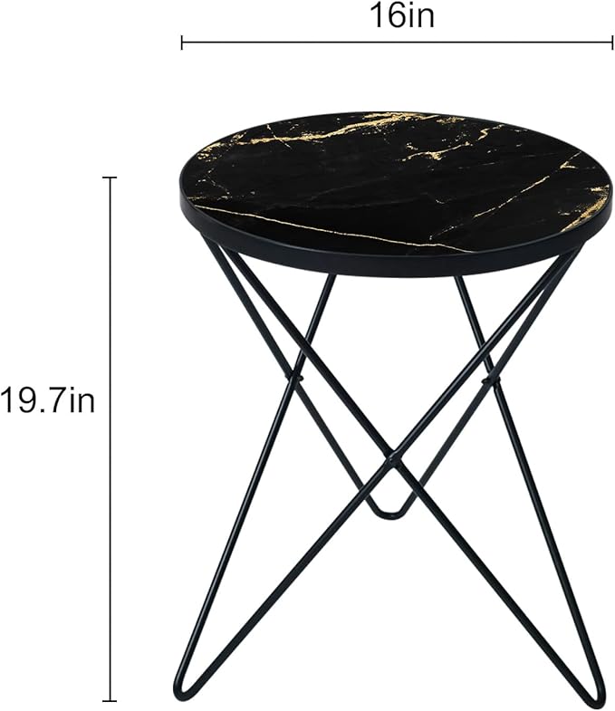 HLR Modern Round Side Table, End Table with Marble Effect Top and Gold Metal Frame, Small Side Table for Living Room, Bedroom, Sofa and Couch, Black Legs, Black Marble top