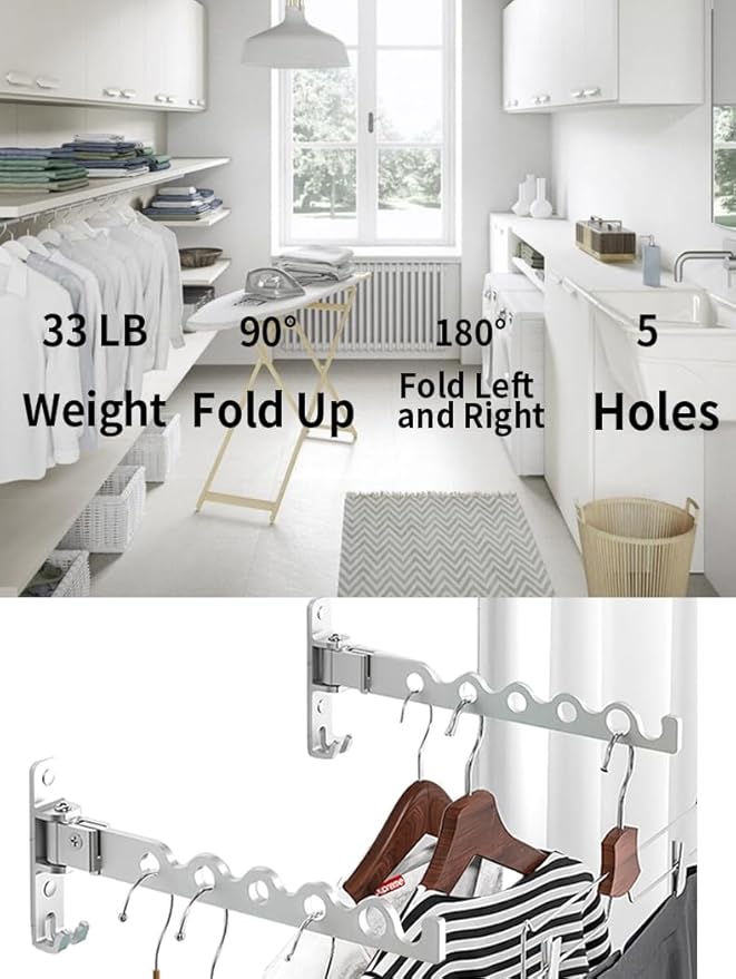 Dr.DJ Wall Hanger for Clothes, Coat Hanger Wall Mounted Silver Retractable Clothes Drying Organizer Rack Garment Hooks Aluminium Folding Indoor Space Save (2 Racks) Silver-NeatNest