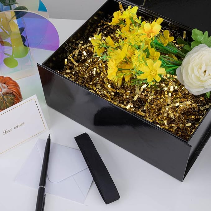 1PCS Black Gift Box with Ribbon 9.5x7x4 Inches,Sturdy Gift Box with Lid for Gift Packaging, Foldable Magnetic Closure Storage Boxes, Bridesmaid proposal box, Rectangle Collapsible Box-NeatNest