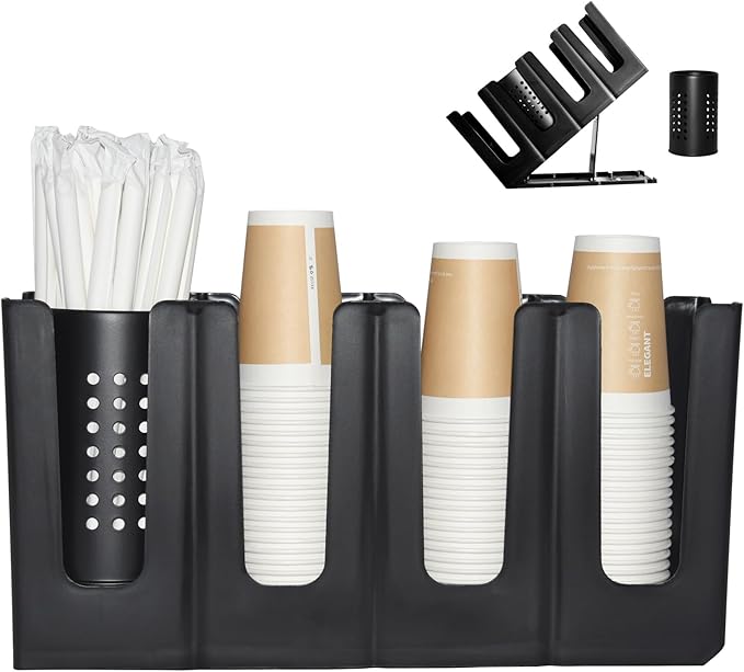 Cup Holder Lid Dispenser with Straw Organizer,4 Compartment 7 Adjusting,Cup Storage Organizer for Breakroom Countertop Coffee Station Bar Restaurant-NeatNest