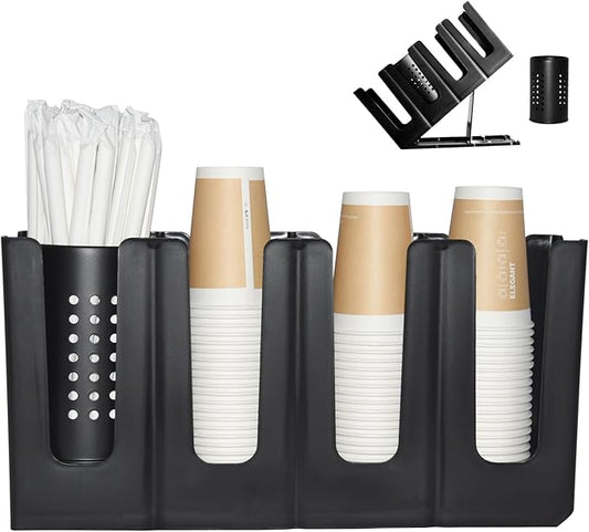 Cup Holder Lid Dispenser with Straw Organizer,4 Compartment 7 Adjusting,Cup Storage Organizer for Breakroom Countertop Coffee Station Bar Restaurant-NeatNest
