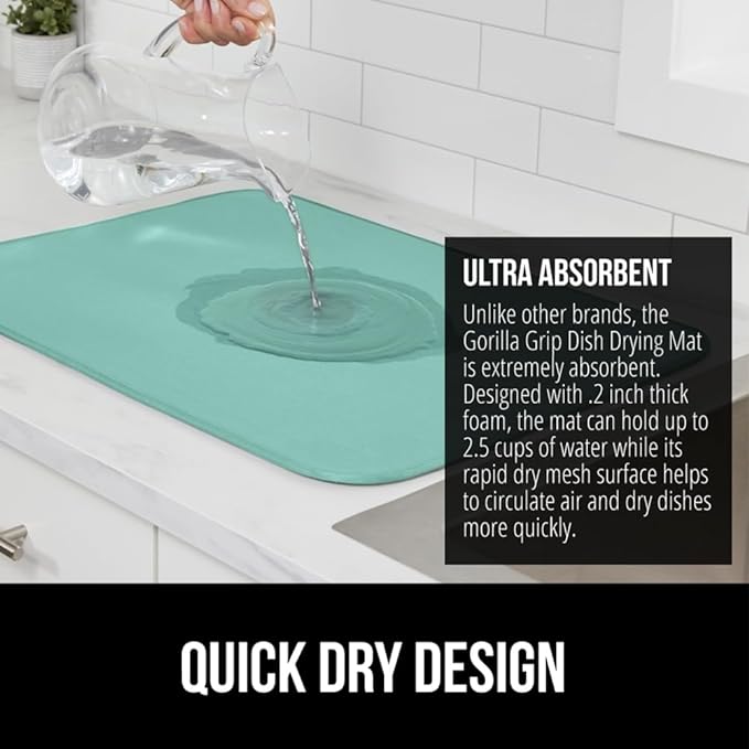GORILLA GRIP Ultra Water Absorbent Microfiber Dish Drying Mat, 18x32, Quick Dry Thick Mesh, Slip Resistant Pad for Sink Dishes or Under Rack, Kitchen Counter Accessories, Machine Wash Mats, Mint