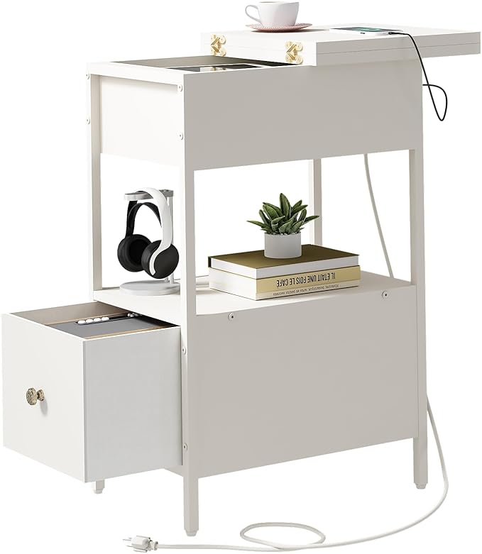 SOOWERY End Table with Charging Station, Narrow Side Table with Flip Top Cabinet and Fabric Drawer, Nightstand Bedside Tables for Small Spaces, Bedroom, Living Room, White