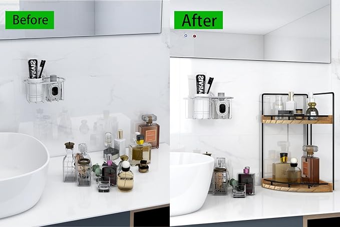 Dorhors 2-Tier Bathroom Counter Organizer,Vanity Counter Corner Shelf, Skincare, Wood Countertop Bathroom Storage and Organization for Kitchen (Brown)-NeatNest