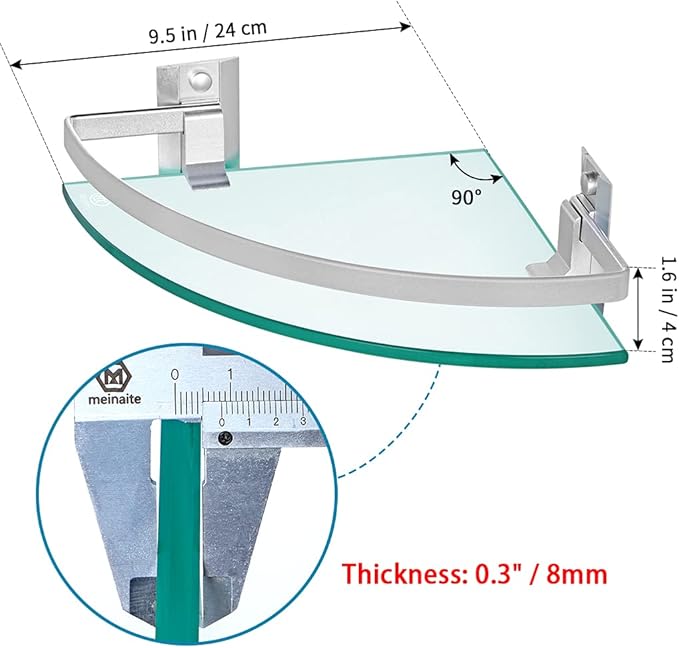 2 Pcs Tempered Glass Corner Shelf with Rail & Brackets, 9.5" x 9.5" Floating Shower Caddy, Wall Mounted Shampoo Holder Organizer for Bathroom, Kitchen, Living Room