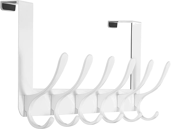 SKOLOO Over The Door Hooks - for Doors up to 4.5cm Thick, No Assembly Required, Stainless Steel Door Hanger with 6 Hooks, Over The Door Hanger for Coats Clothes Hat Towel Jacket, White