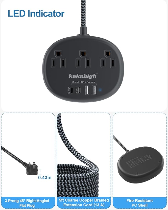 Black Extension Cord 10 Feet, 1625W Extension Cord 3 Prong with 3 AC Outlet 4 USB (24W/4.8A), Bedside Charging Station for Home, Office and Dorm-NeatNest