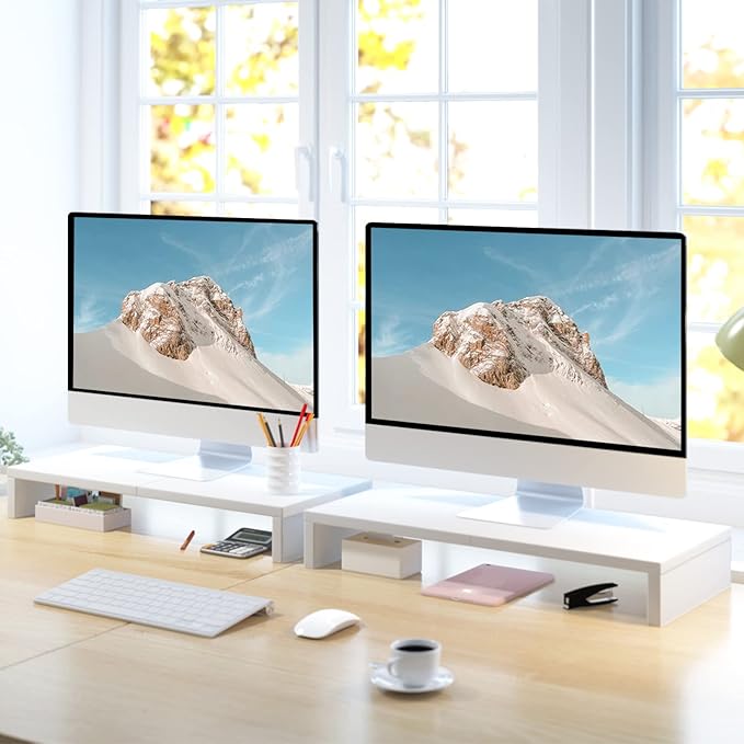 TEAMIX 2 Pack White Monitor Stand Riser - 20 inch, Wooden Desktop Stand for PC/TV/Laptop/Printer, Monitor Riser with Storage, Computer Stand with Keyboard Organizer-NeatNest