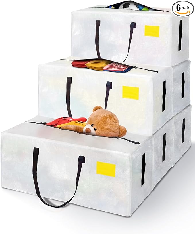 6 Pack Extra Large Moving Bags, Heavy Duty Packing Bags with Zippers and Handles for Space Saving, Clothes Storage, College Essentials, Travel, Clear